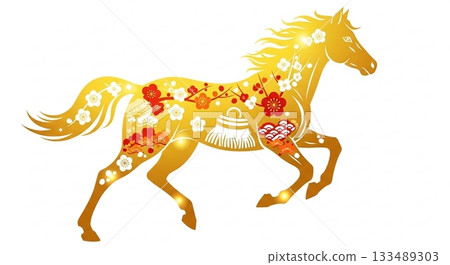 A galloping horse decorated with shining gold and floral patterns A galloping horse decorated with shining gold and floral patterns 133489303
