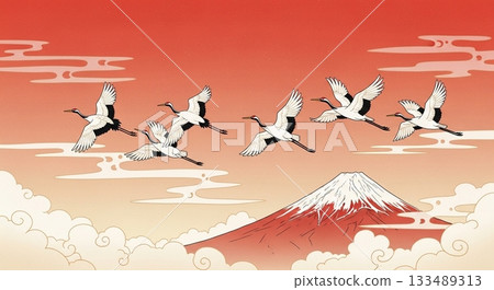 Japanese-style New Year's background featuring a crane flying in the red sky and Mount Fuji Japanese-style New Year's background featuring a crane flying in the red sky and Mount Fuji 133489313