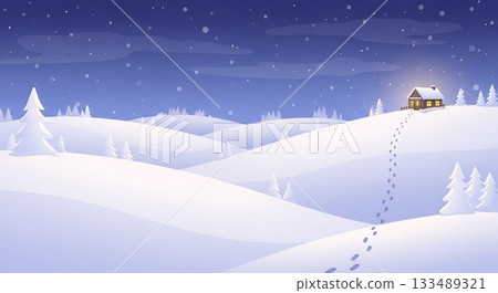A tranquil winter scene illustration with a starry night sky, a silvery snowy field, and the lights of a small house in the distance 133489321