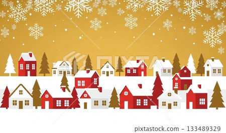 A warm winter cityscape background illustration with snow falling in a golden sky and rows of red houses A warm winter cityscape background illustration with snow falling in a golden sky and rows of red houses 133489329
