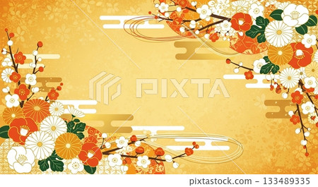 優雅的日式邊框背景設計，金色底座，兩側飾以精美排列的梅花和菊花。 133489335