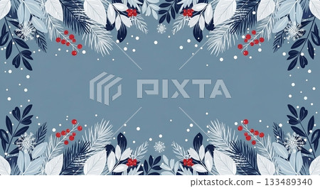 Elegant botanical frame decorated with winter plants and red berries on a muted blue background Elegant botanical frame decorated with winter plants and red berries on a muted blue background 133489340