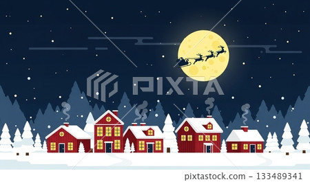 A Scandinavian-style Christmas background illustration with a silhouette of Santa Claus and a row of red houses against a winter night sky lit by a full moon A Scandinavian-style Christmas background illustration with a silhouette of Santa Claus and a row of red houses against a winter night sky lit by a full moon 133489341