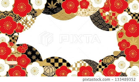 華麗又喜慶的日式相框設計，以紅色、白色和金色的梅花和傳統圖案為特色。 133489352