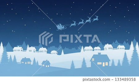 A fantastic and quiet winter night sky illustration of Santa's sleigh flying over a snowy townscape 133489358