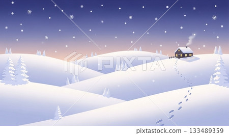A quiet winter scene illustration of a small cabin standing in a snowy field under a starry night sky A quiet winter scene illustration of a small cabin standing in a snowy field under a starry night sky 133489359