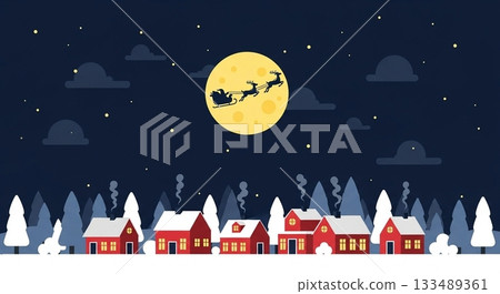 一幅聖誕插畫，描繪了聖誕老人飛越滿月夜空，遠處是冬日的城市景觀。 133489361