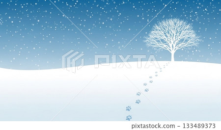 一幅寧靜而奇幻的冬季景色插圖，描繪了雪地上的腳印和一棵孤零零的樹。 133489373