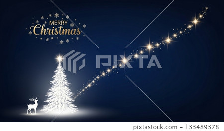 A fantastic Christmas background with a white tree and reindeer shining in the night sky 133489378
