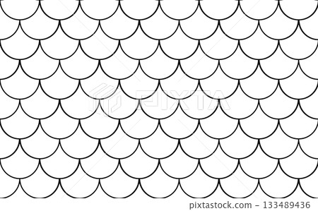 Fish scale pattern. Mermaid, dragon, snake scales background. Water wave, roof tiles wallpaper. Fish, snake skin endless texture. Mermaid tail black line seamless pattern. Japanese minimalist ornament 133489436
