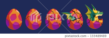 Egg cracked dragon process. Mystical fantasy monster birth. Egg shell hatching step by step by little reptile. Crackin incubator, sapid vector scene 133489489