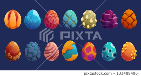 Fantasy dragon eggs. Cartoon neon egg from dinosaur, aliens or mystic creatures. Dame design assets. Magical and mythological elements, sapid vector set Fantasy dragon eggs. Cartoon neon egg from dinosaur, aliens or mystic creatures. Dame design assets. Magical and mythological elements, sapid vector set 133489490