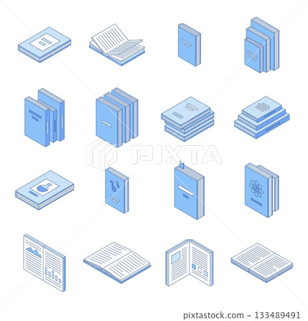 Isometric line book. Pile of books, different textbooks notebooks. Educational reading elements for school, college. Library or bookstore, nifty vector set 133489491