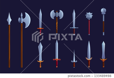 Medieval cartoon weapon. Ancient sword, knife, axe. Viking or knight weapons for war and battles. Historical warriors tools, game design sapid vector elements 133489498