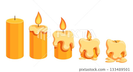 Burning cartoon candle. Wax candles with fire flame, step by step burn and melts. Medieval lighting, atmosphere home decorations. Extinguished candle sapid vector set Burning cartoon candle. Wax candles with fire flame, step by step burn and melts. Medieval lighting, atmosphere home decorations. Extinguished candle sapid vector set 133489501