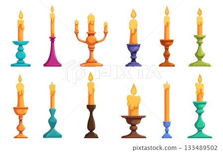 Cartoon candlestick set. Various candlesticks with candles and fire flame. Isolated home decoration for christmas, dating, cozy time, sapid vector set 133489502
