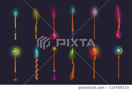 Magic wands. Wooden wand with gems, magical stones and lights. Wizard witch equipment for spells, fairy tale mystic elements, sapid vector set 133489510