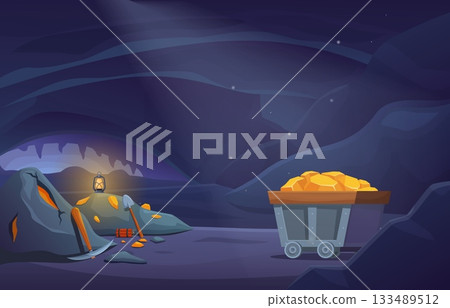 Cartoon mining background. Mine in mountain, miners tools, cart with golden bars and stones. Stone cave with gems, dynamite, shovel, sapid vector scene 133489512