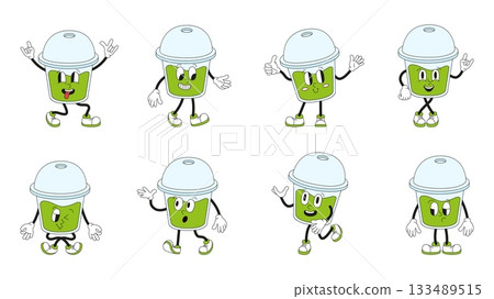 Groovy matcha character. Japanese plant tea characters in various poses. Isolated glass with green energy drink, asian beverages neoteric vector set 133489515