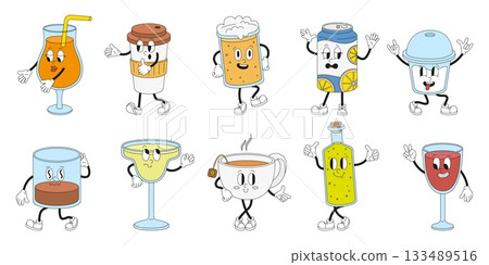 Groovy drinks characters. Coffee, tea, cocktails, soda can and juice. Isolated vintage style beverages, 80s 90s trendy character, neoteric vector set 133489516