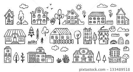 Pencil drawing houses. Grunge countryside buildings, children drawn style homes and nature elements. Clouds, fir tree, tree, sun, architecture neoteric vector set 133489518