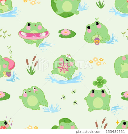 Kawaii frog seamless pattern. Positive green toad characters, funny frogs on pond. Children decorative print for fabric, wallpaper, nowaday vector background 133489531