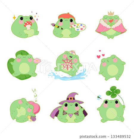 Kawaii frog. Green plump frogs characters, stylish stickers or pins templates. Funny toads various poses, toad queen, seaman, witch, nowaday vector clipart 133489532