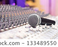 dynamic microphone on audio mixing console. singing, recording concept 133489550