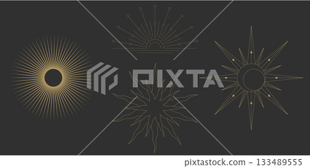 Sun line boho sunrise gold logo icon art moon sunburst appear in a calm illustration. It works with bohemian decor and light themes. A tribal inspired emblem. 133489555