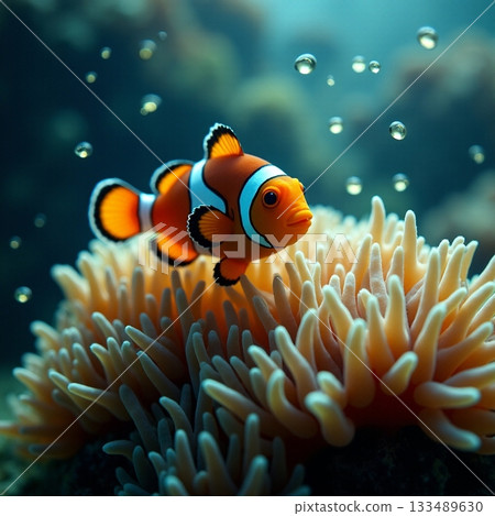 Colorful clownfish swimming among sea anemones in coral reef Generative AI Colorful clownfish swimming among sea anemones in coral reef Generative AI 133489630