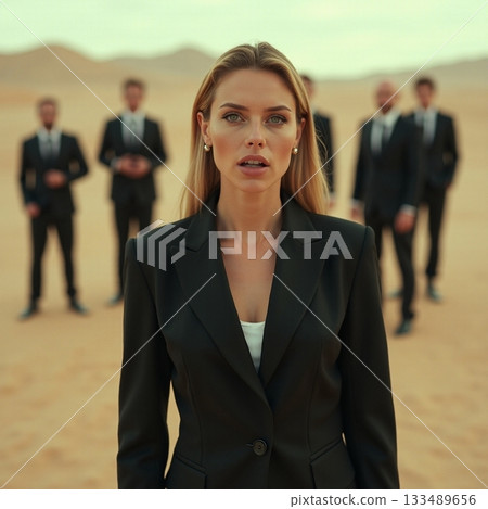 Group of business people in suits in a desert setting Generative AI 133489656