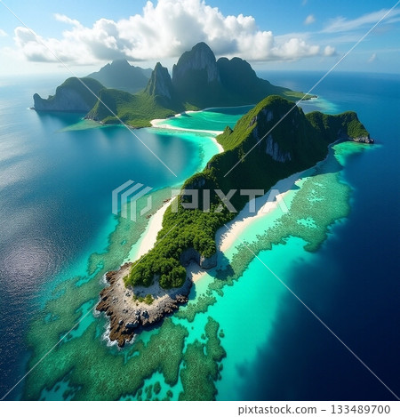 Stunning aerial view of tropical island surrounded by clear water Generative AI 133489700