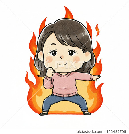 Illustration of a motivated female character (burning background) 133489706