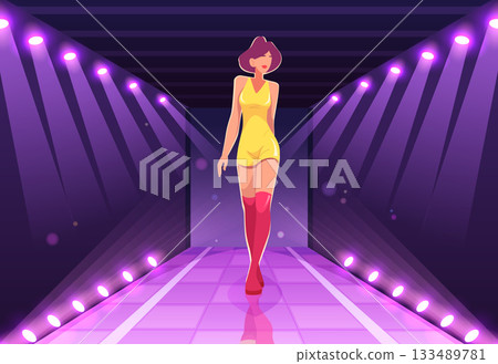 Fashion show. Beauty fashioned women presents new modern clothes walking on podium exact vector background Fashion show. Beauty fashioned women presents new modern clothes walking on podium exact vector background 133489781