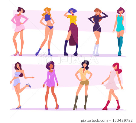 Fashioned characters. Stylized beauty woman illustration for fashion magazine exact vector cartoon set Fashioned characters. Stylized beauty woman illustration for fashion magazine exact vector cartoon set 133489782