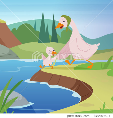 Mother duck with chicken. birds family going to swim on pond outdoor Mother duck with chicken. birds family going to swim on pond outdoor 133489804