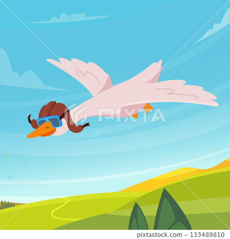 Flying duck. cartoon bird pilot in sky. vector outdoor template Flying duck. cartoon bird pilot in sky. vector outdoor template 133489810