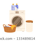 Washing machine and basket of laundry. Flat vector isolated illustration 133489814