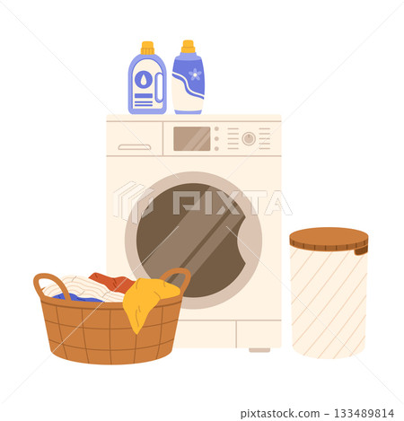 Washing machine and basket of laundry. Flat vector isolated illustration Washing machine and basket of laundry. Flat vector isolated illustration 133489814