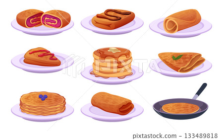 Pancakes. Dessert food with different ingredients pancakes with fruits and syrup exact vector template 133489818