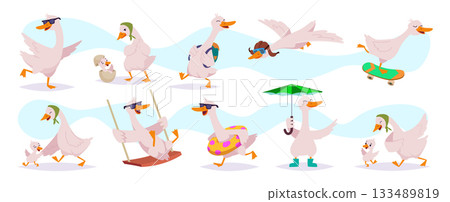 Duck. Cartoon cute goose in different posees exact vector funny birds illustration Duck. Cartoon cute goose in different posees exact vector funny birds illustration 133489819