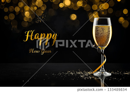 A glass of champagne with golden ribbon in new year party and text Happy New Year on fireworks in night sky background. A glass of champagne with golden ribbon in new year party and text Happy New Year on fireworks in night sky background. 133489834