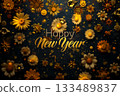 A happy new year card with text Happy New Year on beautiful blooming flowers background. 133489837