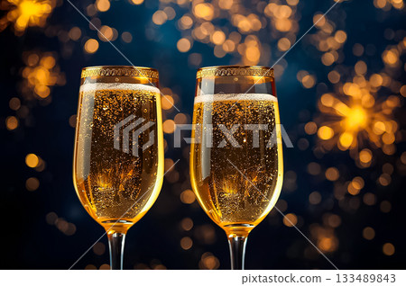 Closeup of champagne glasses in New Year party on glowing fireworks background. 133489843