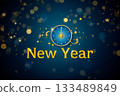 New year card with the clock at 0 o'clock and letter New Year on the blue night sky background. 133489849