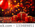 Red gift boxes and balloon with bokeh on dark background in New Year Card. 133489851