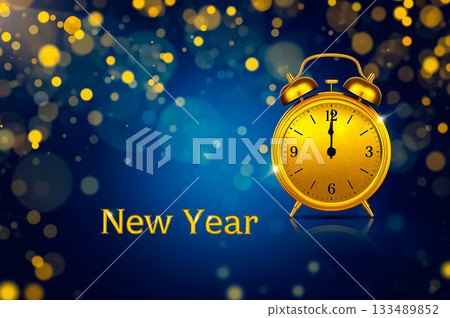 The golden alarm clock set 0 o'clock in New year card with golden bokeh on blue background. 133489852