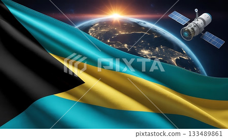 Bahamian flag waving in space with satellite orbiting earth at sunrise 133489861