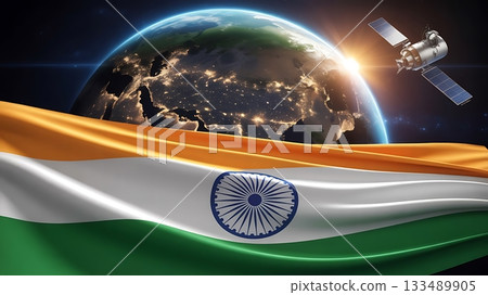Indian space program a satellite orbits earth with the indian flag in foreground 133489905