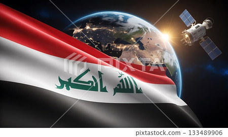 Iraqi flag waving in front of the earth with a satellite in the background Iraqi flag waving in front of the earth with a satellite in the background 133489906